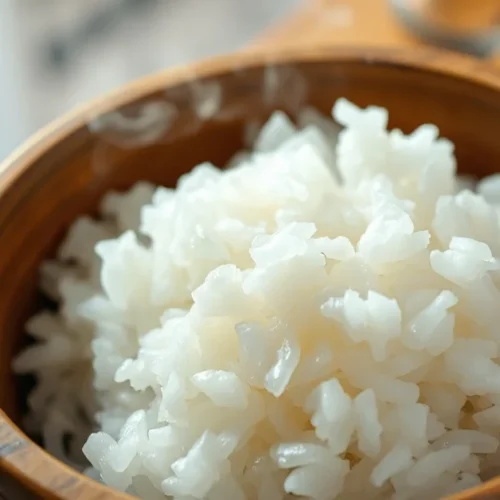 Professional Japanese sushi rice in wooden hangiri bowl, perfectly seasoned with glossy finish, steam rising, traditional set