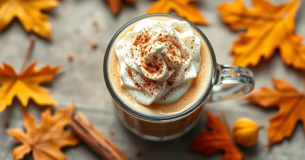Professional overhead shot of creamy pumpkin spice latte in clear glass cup with whipped cream and cinnamon dust, autumn leav