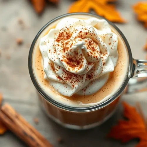 Professional overhead shot of creamy pumpkin spice latte in clear glass cup with whipped cream and cinnamon dust, autumn leav