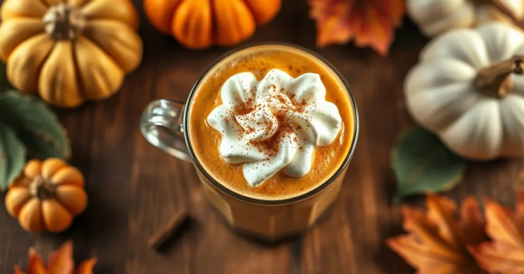 Professional photograph of a creamy Pumpkin Spice Latte with espresso, garnished with whipped cream and cinnamon, autumn ambi