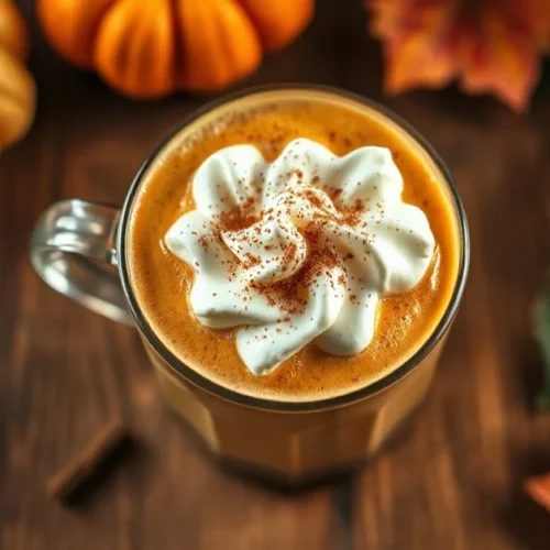 Professional photograph of a creamy Pumpkin Spice Latte with espresso, garnished with whipped cream and cinnamon, autumn ambi