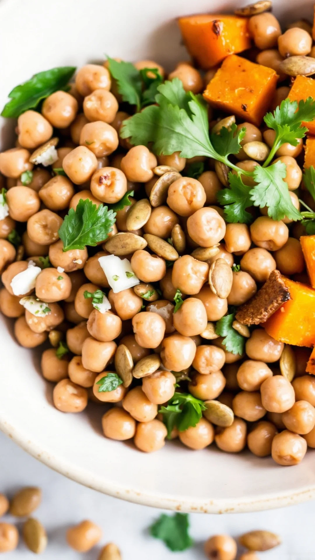 Protein-rich tabbouleh with chickpeas, roasted butternut squash, fresh herbs, pumpkin seeds, healthy vegetarian bowl