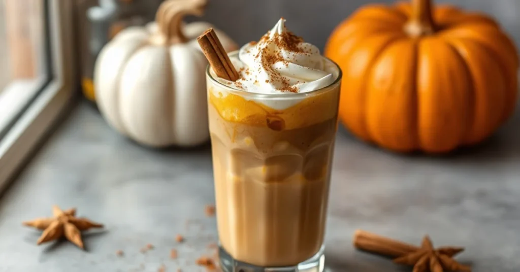 Pumpkin spice latte iced cold drink in glass with whipped cream, cinnamon on top, autumn vibes, professional food photography