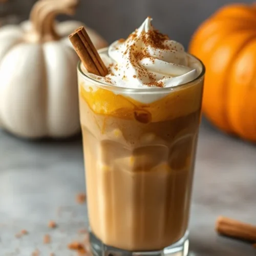 Pumpkin spice latte iced cold drink in glass with whipped cream, cinnamon on top, autumn vibes, professional food photography