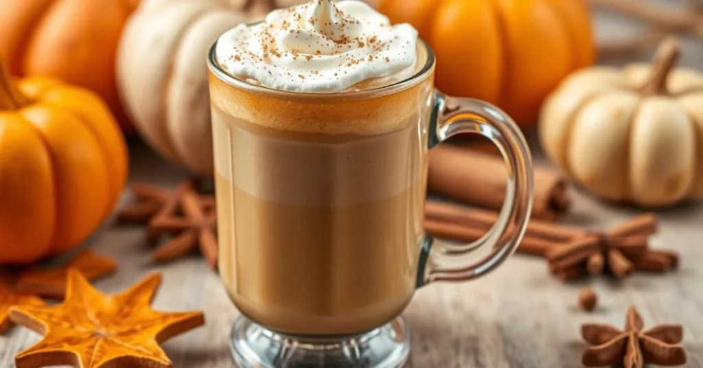 Pumpkin spice latte in a glass mug with whipped cream topping, autumn spices, cozy fall beverage photography, professional fo