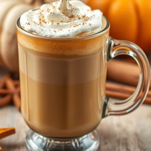 Pumpkin spice latte in a glass mug with whipped cream topping, autumn spices, cozy fall beverage photography, professional fo