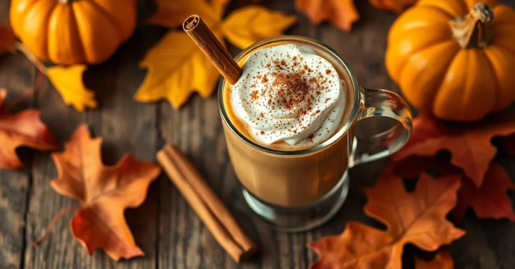 Pumpkin spice latte in glass cup with whipped cream, cinnamon stick, autumn leaves, warm lighting, professional food photogra