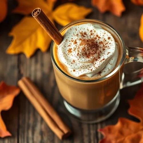 Pumpkin spice latte in glass cup with whipped cream, cinnamon stick, autumn leaves, warm lighting, professional food photogra