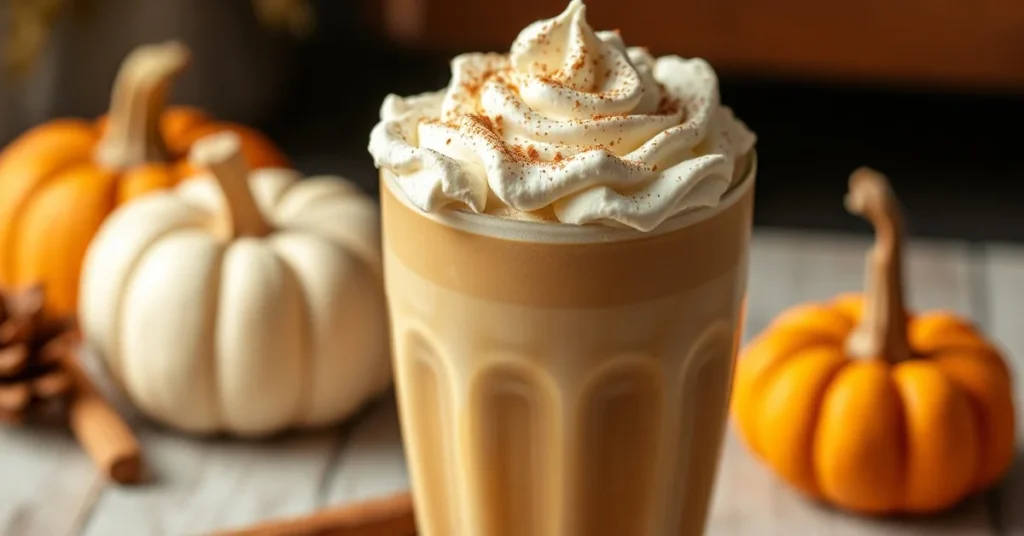 Pumpkin Spice Latte topped with whipped cream and cinnamon, autumn coffee drink, pumpkin seasonal beverage, professional food
