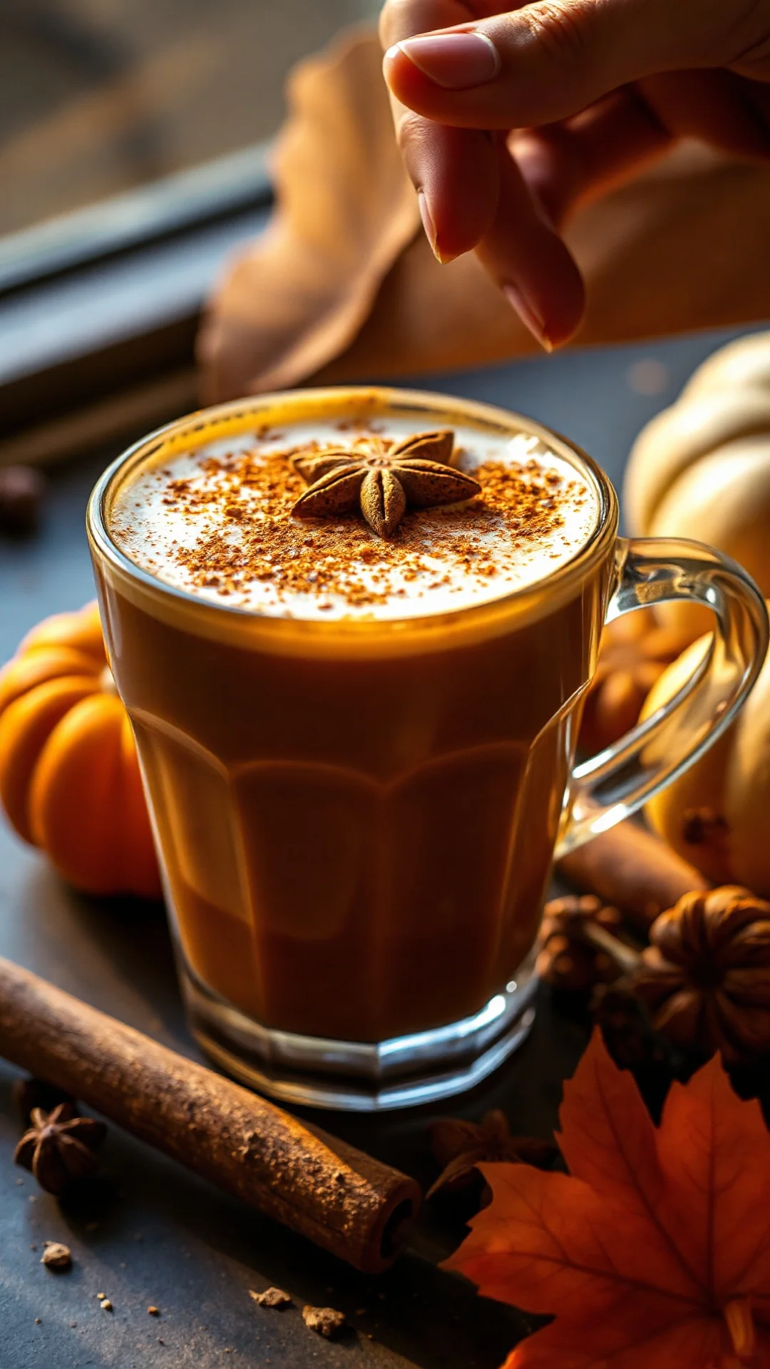 Pumpkin spice latte with roasted spices, aromatic beverage, coffee drink, autumn flavors, detailed shot, golden afternoon lig