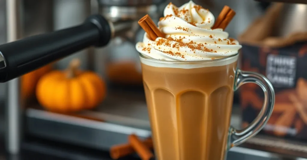 Pumpkin spice latte with whipped cream, cinnamon garnish, autumn cozy coffee cup, espresso machine background