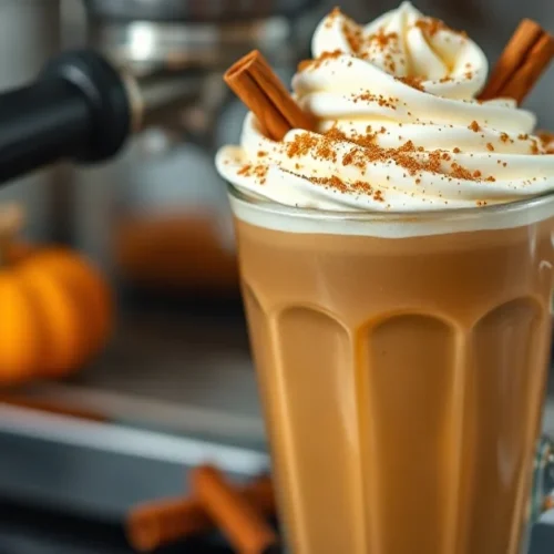 Pumpkin spice latte with whipped cream, cinnamon garnish, autumn cozy coffee cup, espresso machine background