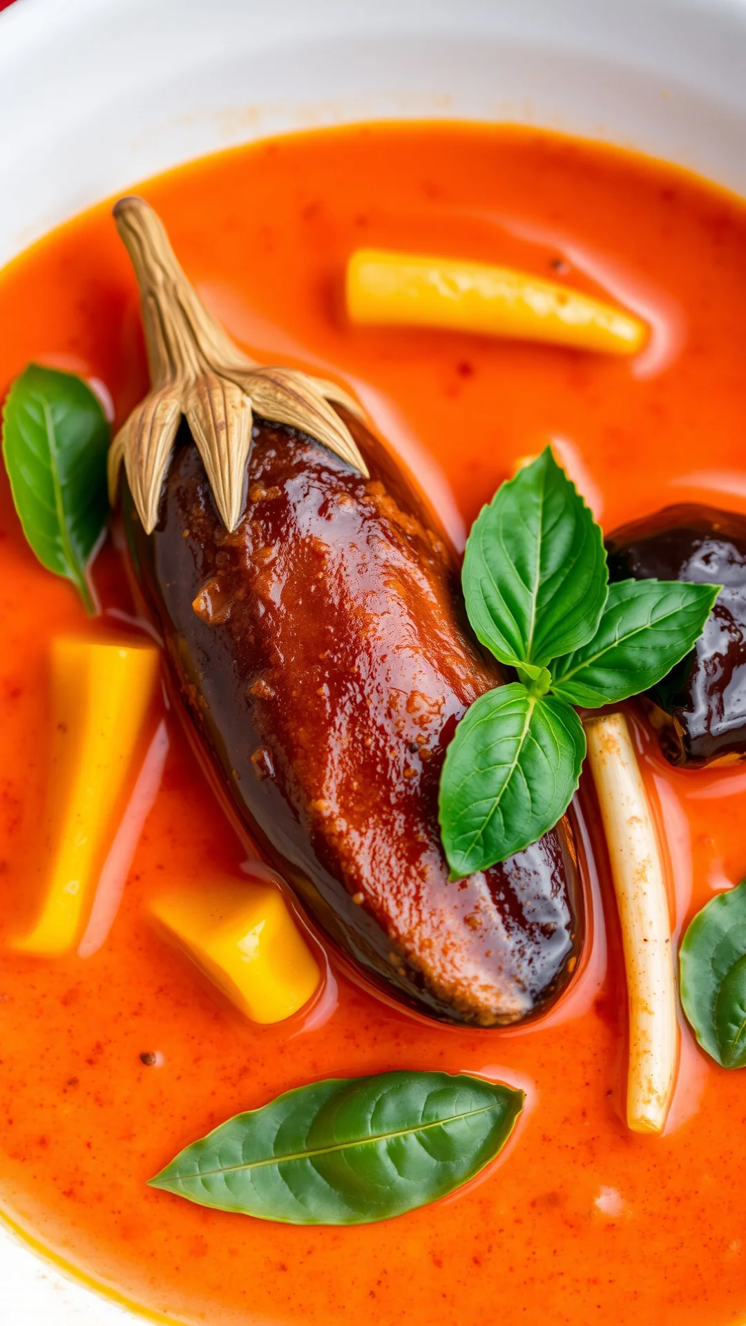 Red Thai curry in white ceramic bowl with coconut milk, Thai eggplant, yellow peppers, bamboo shoots, garnished with fresh ba