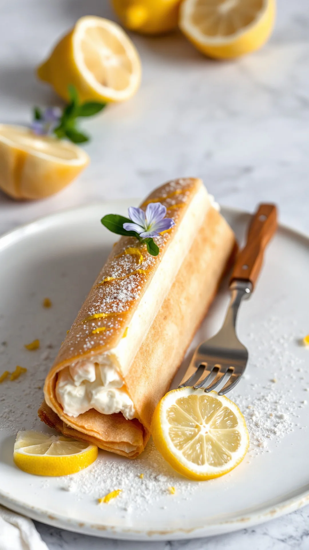 Refreshing lemon poppy seed crepe cake with zest, light mascarpone filling, bright yellow garnish, elegant portrait view