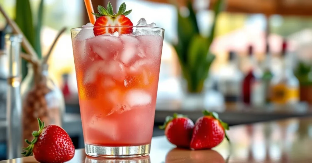 Refreshing strawberry daiquiri cocktail in glass with crushed ice, fresh strawberry garnish, tropical bar setting, pink vibra