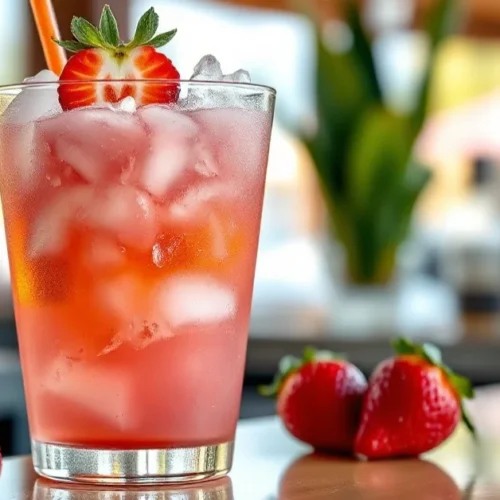 Refreshing strawberry daiquiri cocktail in glass with crushed ice, fresh strawberry garnish, tropical bar setting, pink vibra