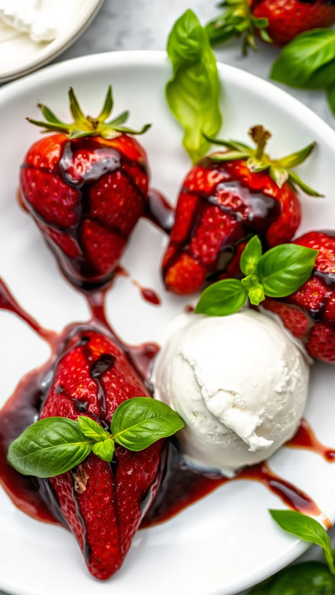 Roasted strawberries with balsamic glaze on white plate, caramelized edges, fresh basil leaves, vanilla ice cream, elegant de
