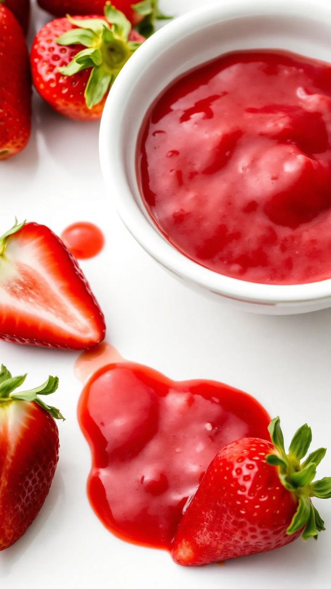 Ruby red strawberry coulis in white bowl with fresh strawberries nearby, drizzle on white plate, smooth texture, professional
