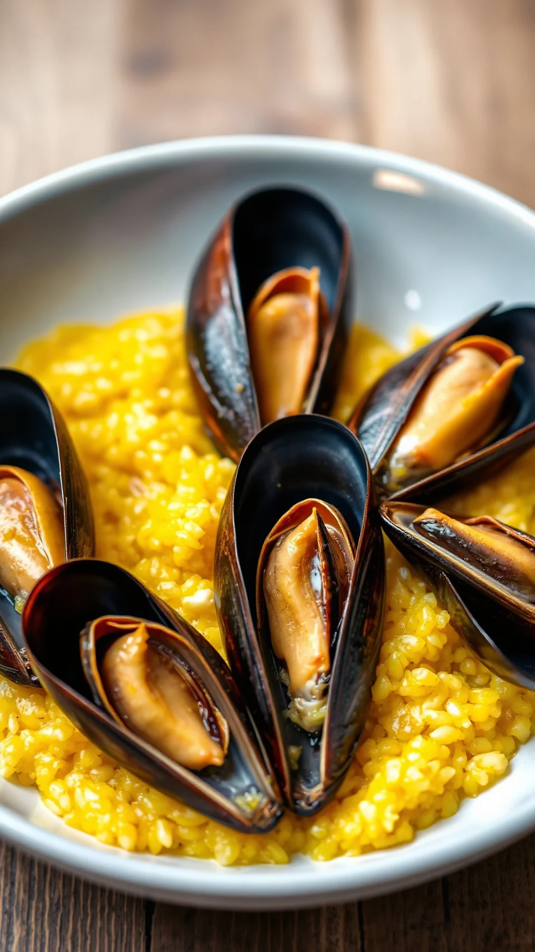 Saffron risotto with fresh mussels, vibrant yellow rice, opened mussel shells, professional food photography, gourmet dish