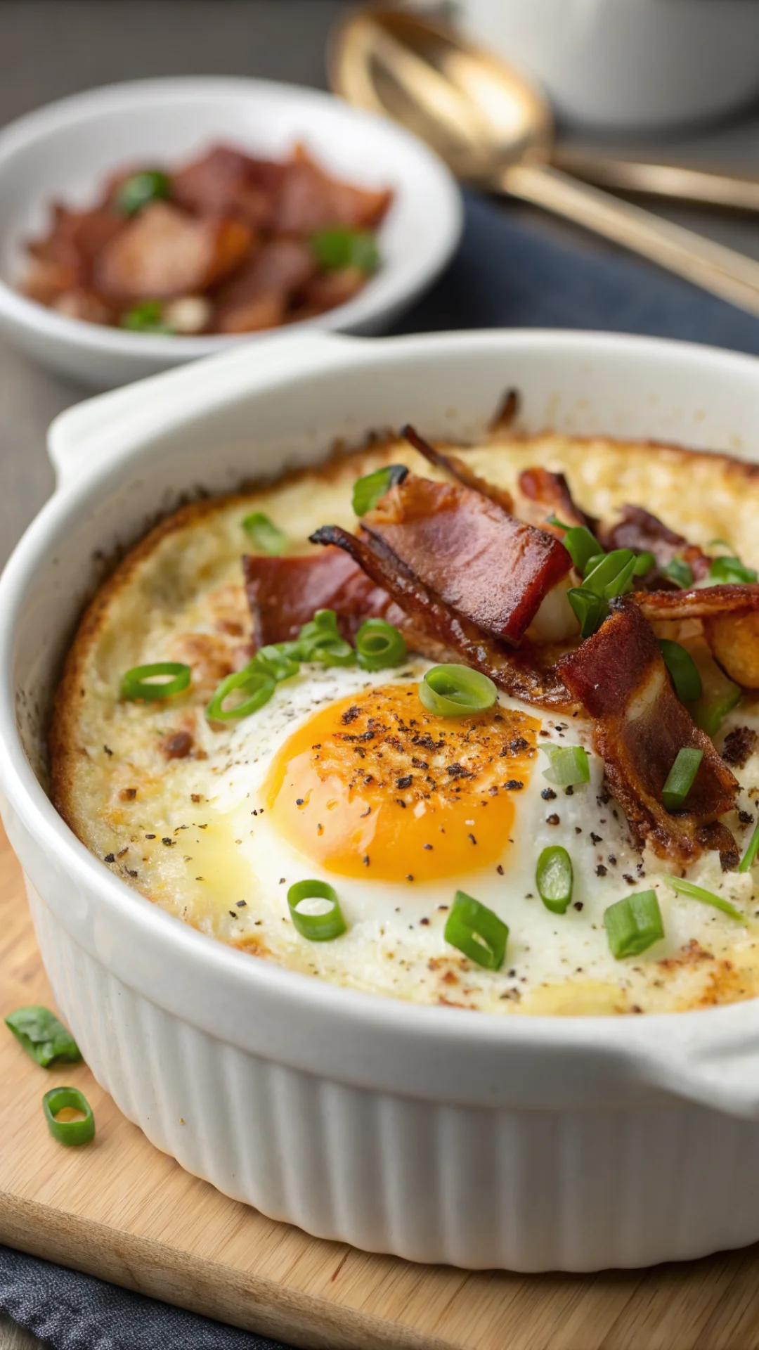 Savory egg crepe cocotte with crispy bacon lardons, runny yolk, melted Emmental cheese, green onions, golden brown top, comfo