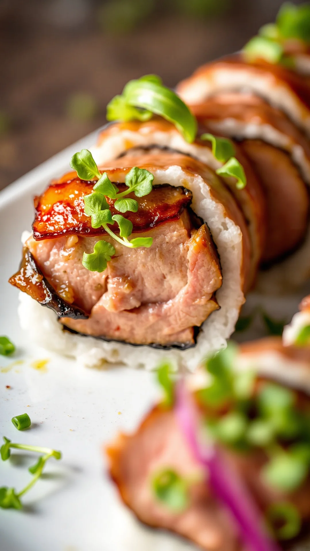 Smoked duck BBQ sushi with black truffle oil red onion microgreens restaurant quality closeup photography