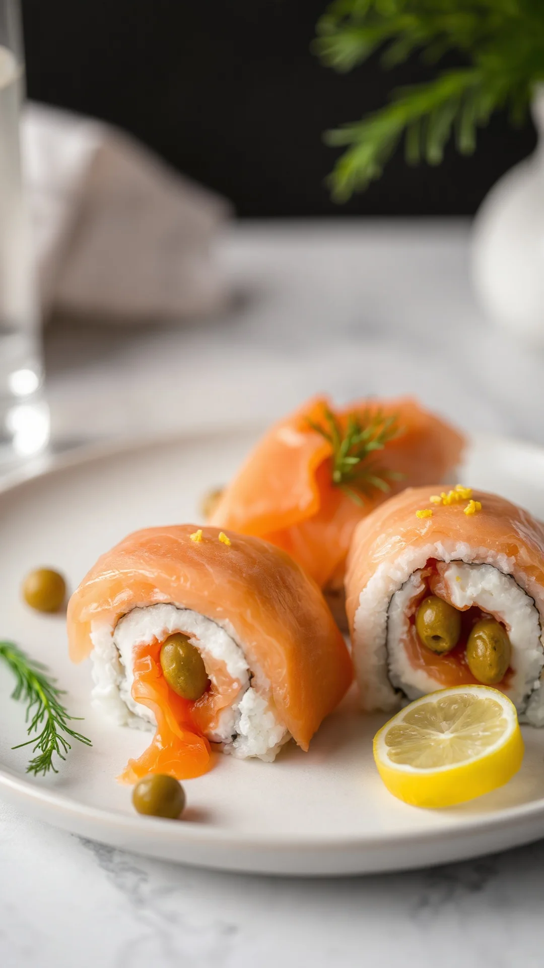 Smoked salmon and cream cheese sushi roll plated elegantly with dill herb garnish, lemon zest, capers, refined presentation,