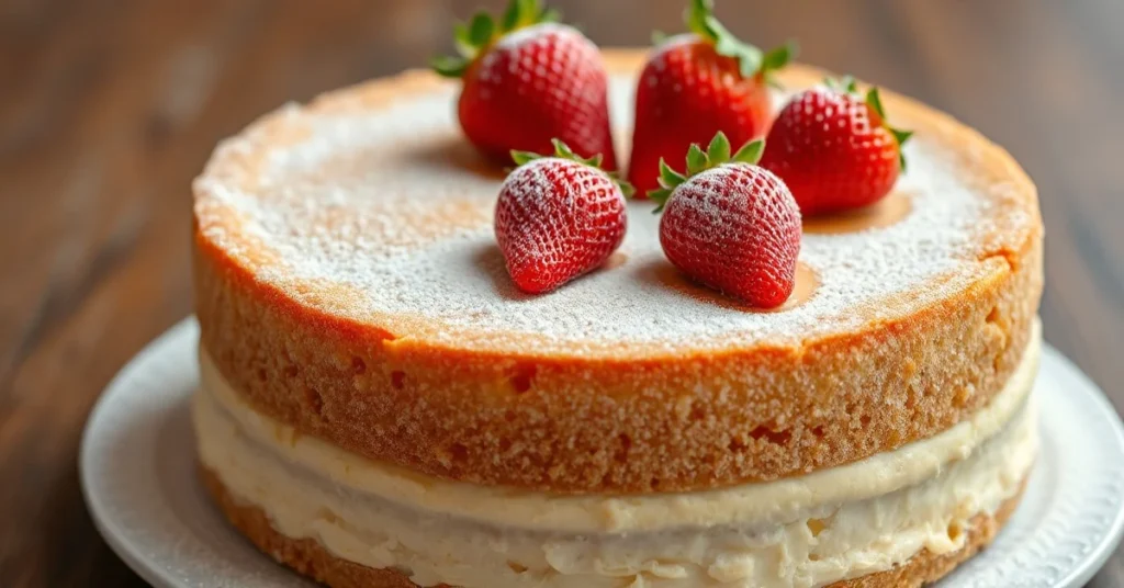 Soft fluffy strawberry sponge cake with fresh red strawberries on top, powdered sugar decoration, golden brown top, homemade