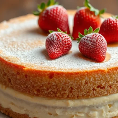 Soft fluffy strawberry sponge cake with fresh red strawberries on top, powdered sugar decoration, golden brown top, homemade