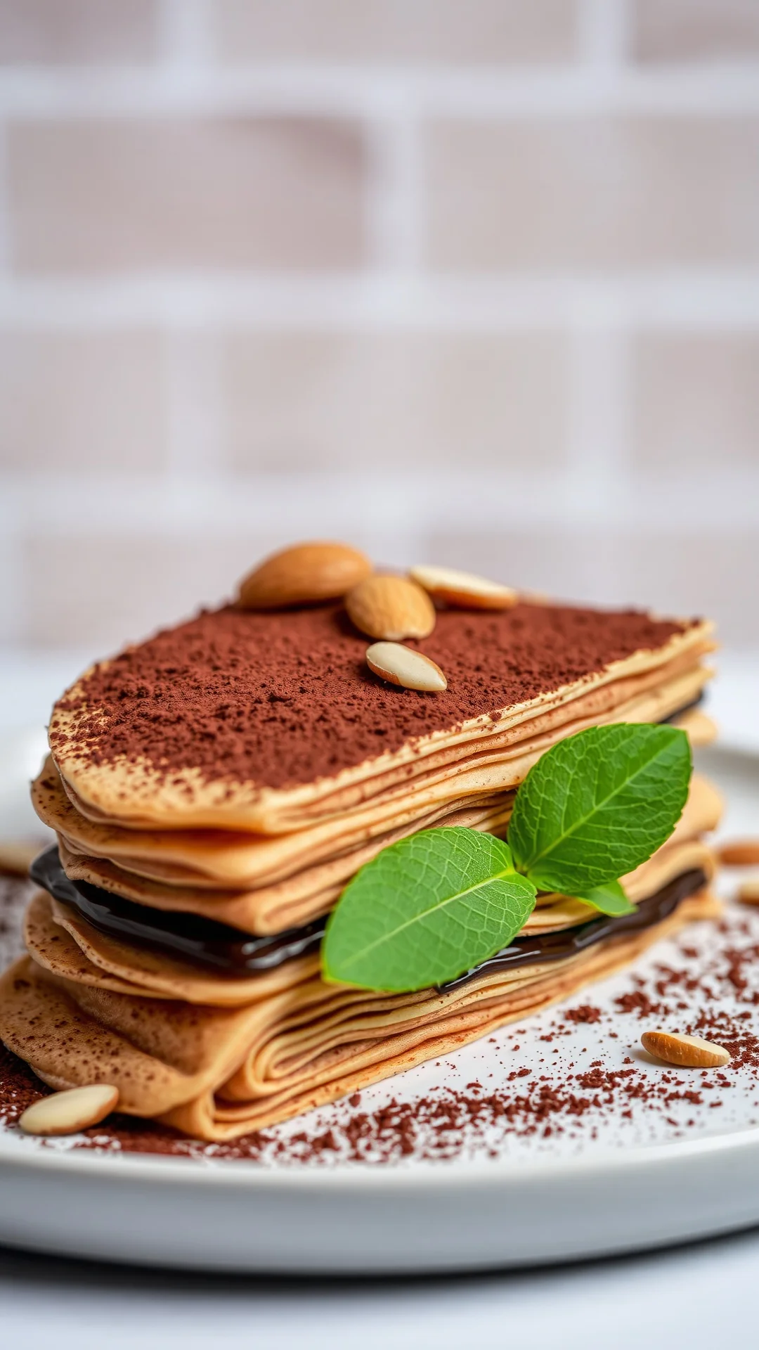 Sophisticated coffee amaretto crepe cake with toasted almonds, cocoa powder dusting, espresso layers, fine dining dessert por