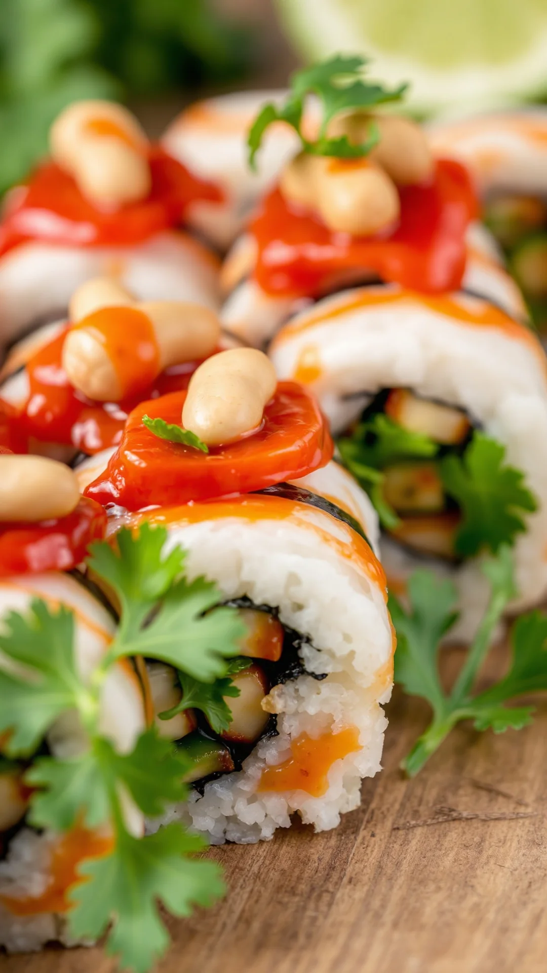 Spicy red pepper sushi with roasted peanuts fresh cilantro lime sriracha sauce garnished artfully
