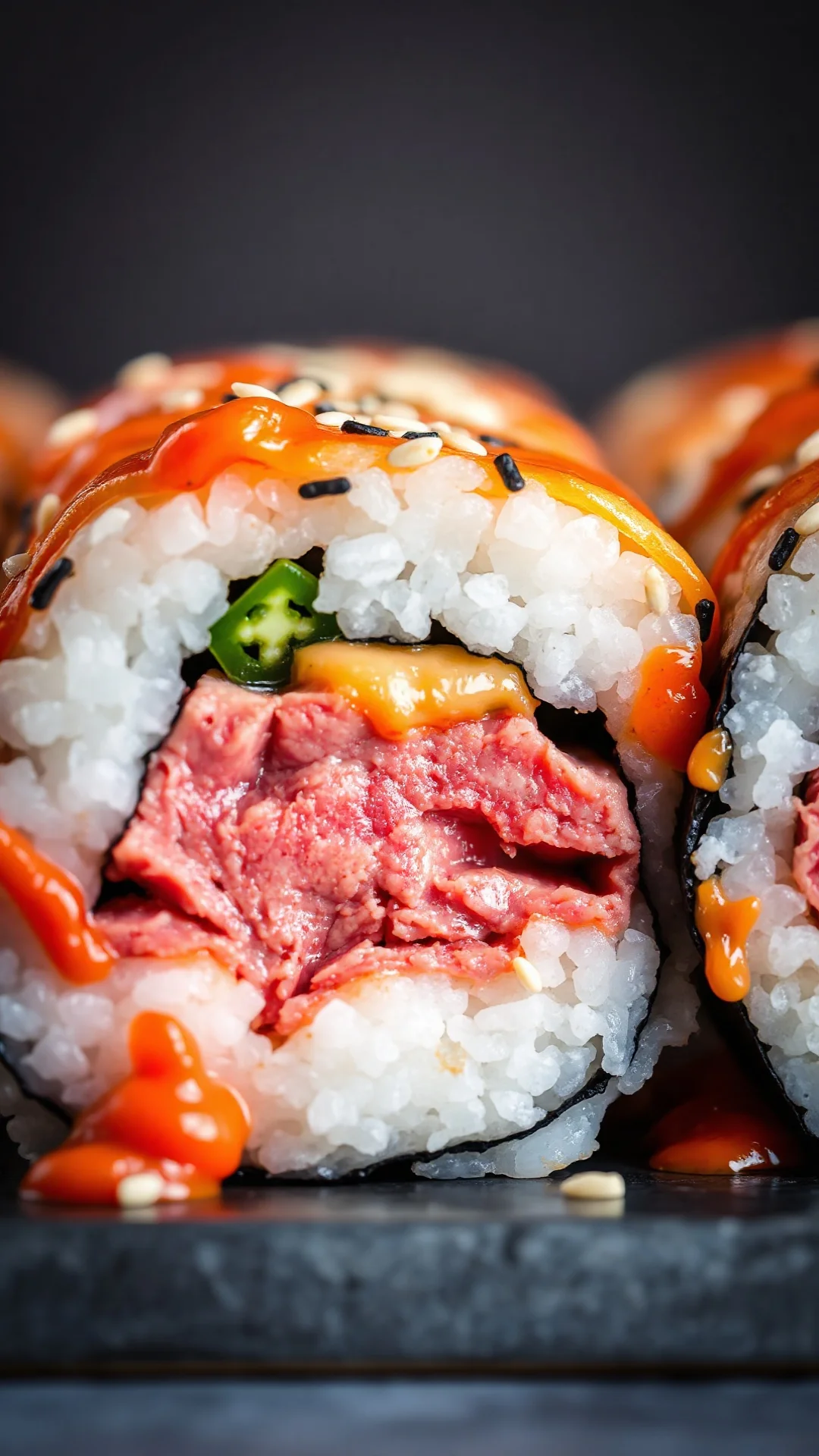 Spicy tuna sushi roll cross-section showing tuna interior, sriracha mayo, jalapeño, sesame seeds, shallow depth of field, ma