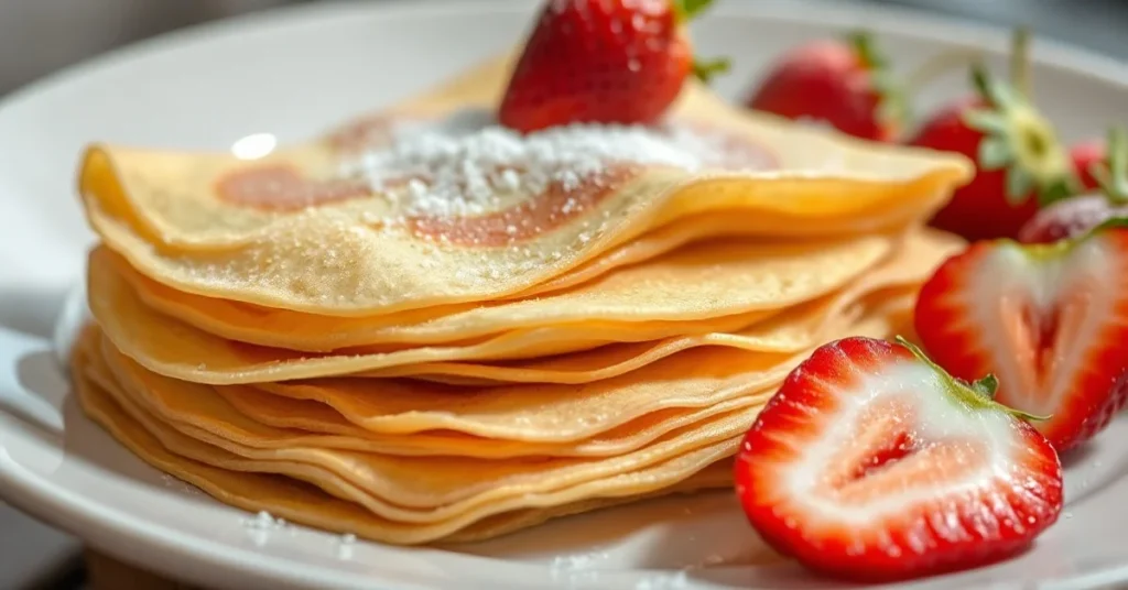 Stack of delicate golden French crêpes, light and thin, served on white plate with fresh strawberries and sugar, soft natura