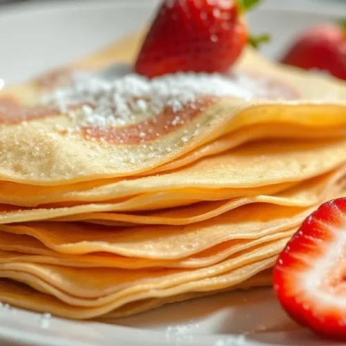 Stack of delicate golden French crêpes, light and thin, served on white plate with fresh strawberries and sugar, soft natura