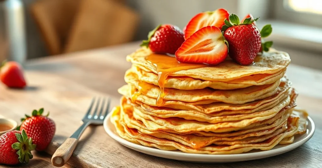 Stack of delicious French crepes without milk, topped with fresh strawberries and honey, golden brown, rustic kitchen table,