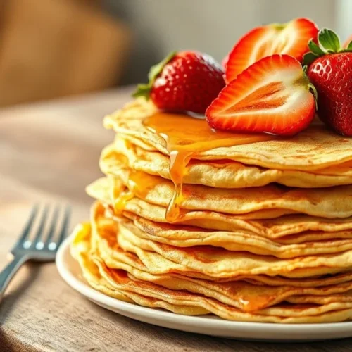 Stack of delicious French crepes without milk, topped with fresh strawberries and honey, golden brown, rustic kitchen table,