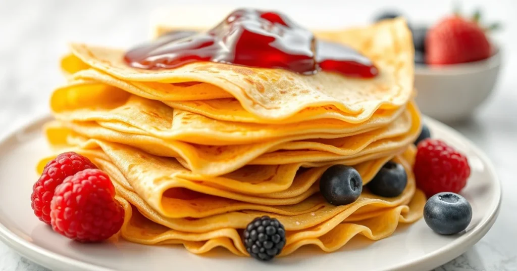 Stack of delicious golden French crepes with butter and jam, fresh berries, elegant breakfast presentation, studio lighting