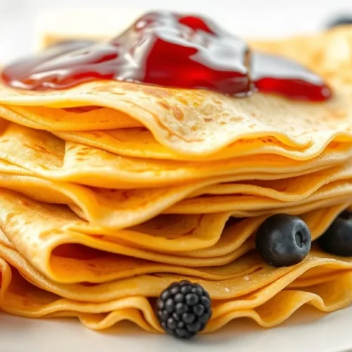Stack of delicious golden French crepes with butter and jam, fresh berries, elegant breakfast presentation, studio lighting