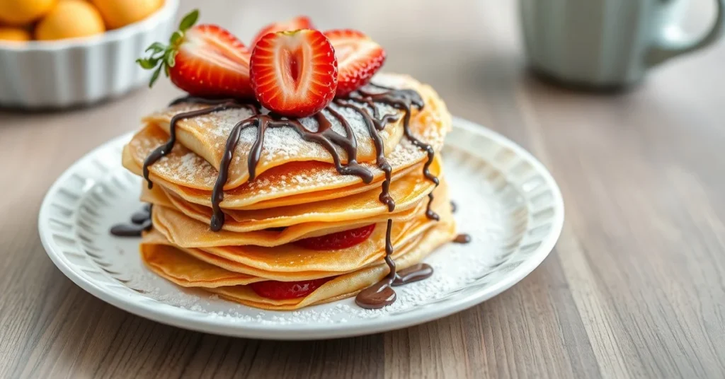 Stack of delicious golden vegan crepes with fresh strawberries, chocolate drizzle and powdered sugar on white plate, morning