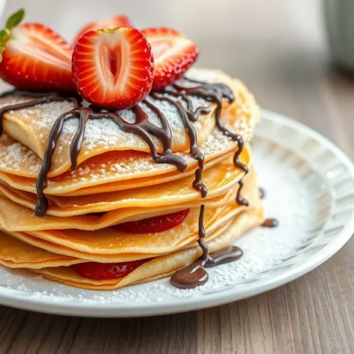 Stack of delicious golden vegan crepes with fresh strawberries, chocolate drizzle and powdered sugar on white plate, morning