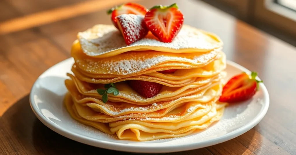 Stack of fluffy golden French crêpes on white plate, garnished with fresh strawberries and powdered sugar, warm sunlight, ap
