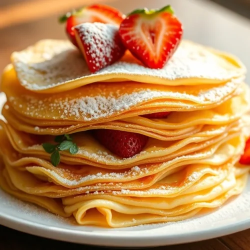 Stack of fluffy golden French crêpes on white plate, garnished with fresh strawberries and powdered sugar, warm sunlight, ap