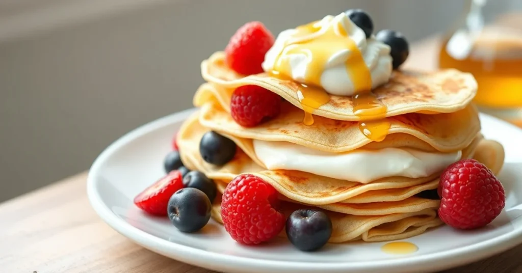 Stack of fluffy healthy protein crepes with fresh berries, Greek yogurt and drizzle of honey on a white plate, natural mornin