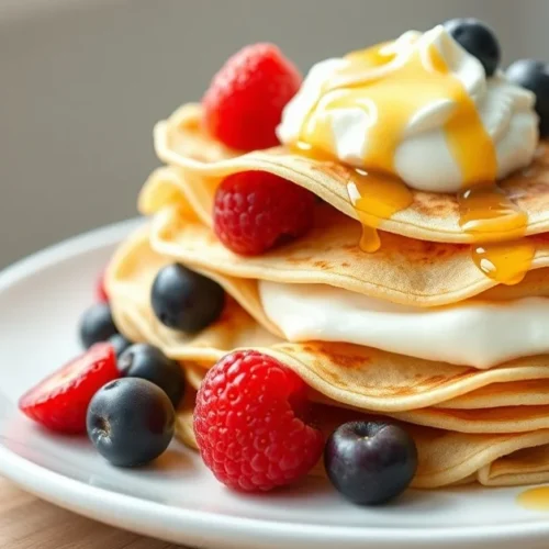 Stack of fluffy healthy protein crepes with fresh berries, Greek yogurt and drizzle of honey on a white plate, natural mornin