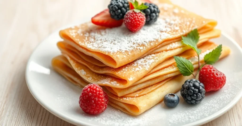 Stack of French crêpes on white plate with powdered sugar and fresh berries, soft natural light, appetizing food photography