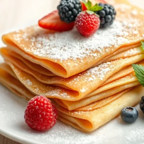 Stack of French crêpes on white plate with powdered sugar and fresh berries, soft natural light, appetizing food photography