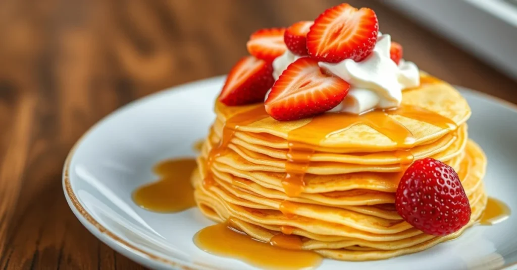 Stack of golden crepes freshly cooked, drizzled with maple syrup and topped with fresh strawberries and whipped cream, profes