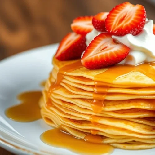 Stack of golden crepes freshly cooked, drizzled with maple syrup and topped with fresh strawberries and whipped cream, profes