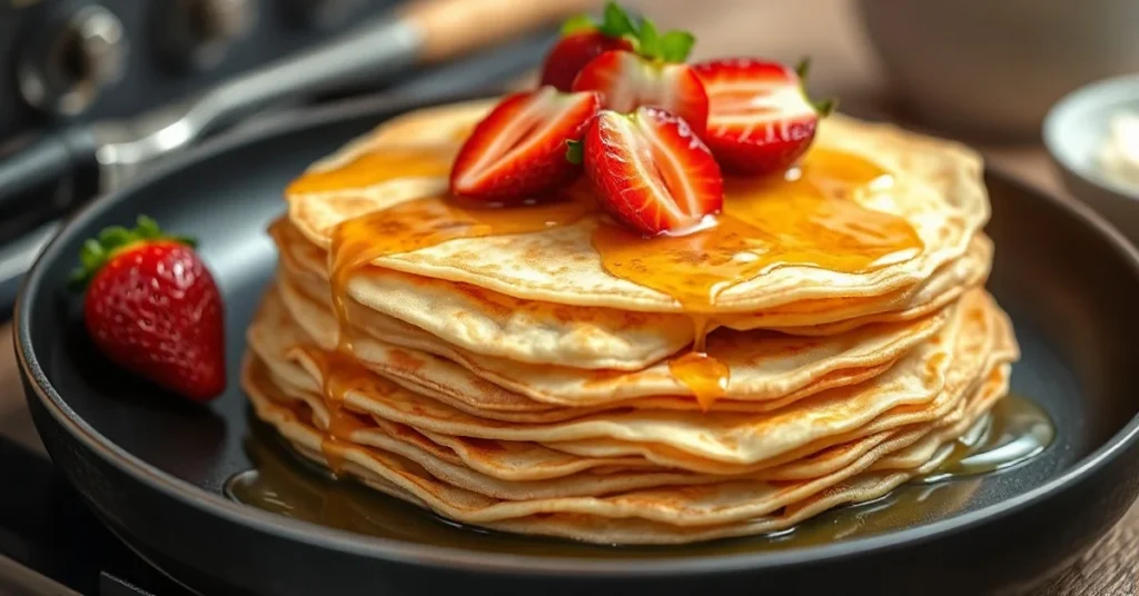 Stack of golden French crêpes fresh from pan, topped with fresh strawberries and a drizzle of honey, warm and inviting break