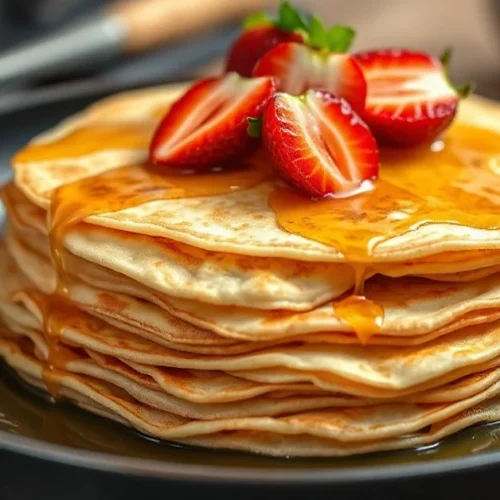 Stack of golden French crêpes fresh from pan, topped with fresh strawberries and a drizzle of honey, warm and inviting break