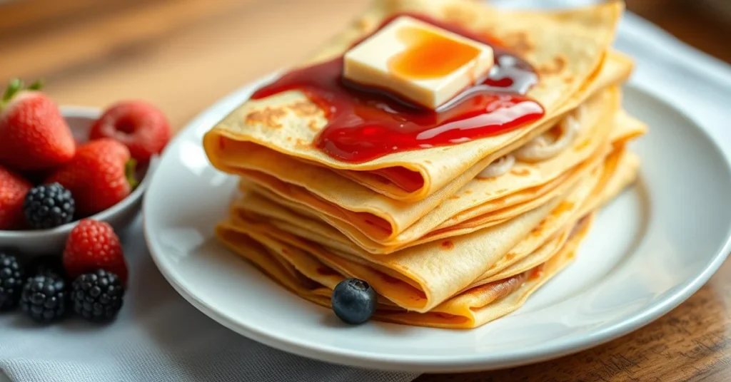 Stack of golden French crepes with butter and jam, fresh berries on side, professional food photography, warm lighting, 1200x